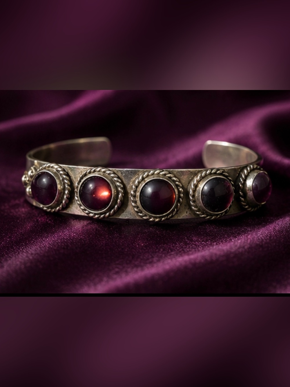 Silver Cuff Bracelet with Deep Purple Cabochons